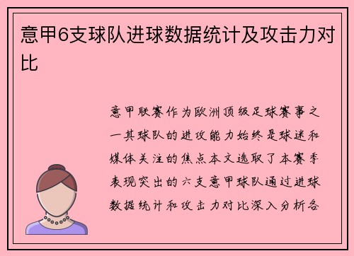 意甲6支球队进球数据统计及攻击力对比