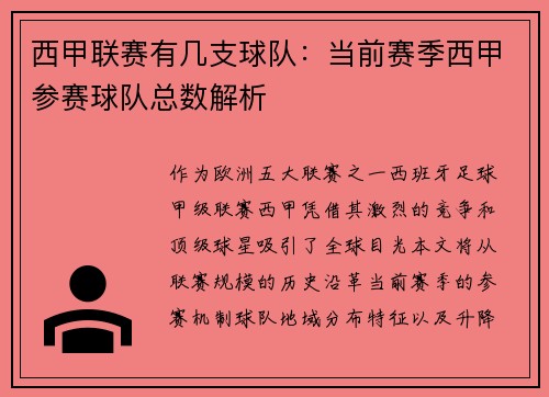 西甲联赛有几支球队：当前赛季西甲参赛球队总数解析